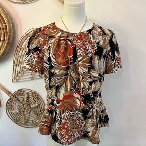 Trina Turk Black Floral Peplum Top Retro Mod Pleated Blouse 10